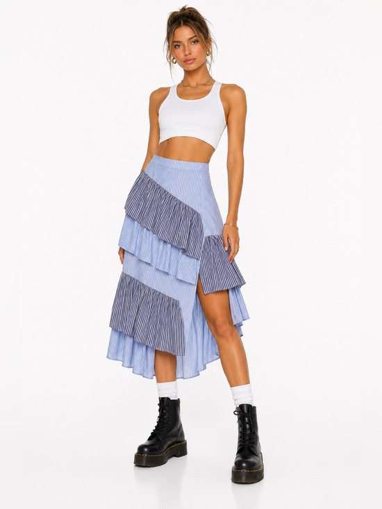 REVOLVE Dresses & Skirts - EUC REVOLVE x L’Academie Asymmetrical Ruffle Skirt • Blue & White Stripe • Sm